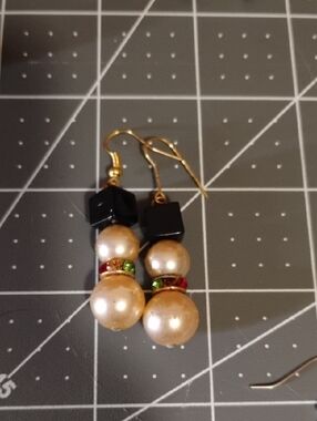 Gold Pearl Drop Earrings with Black Cubes and Colored Accents